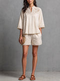 Women's Elegant Casual Off White Cotton Linen Lace Trimmed Stand Collar Three Quarter Sleeve Top And Shorts Set MDZ0299G3GMJ