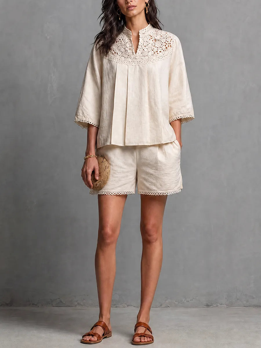 Women's Elegant Casual Off White Cotton Linen Lace Trimmed Stand Collar Three Quarter Sleeve Top And Shorts Set MDZ0299G3GMJ