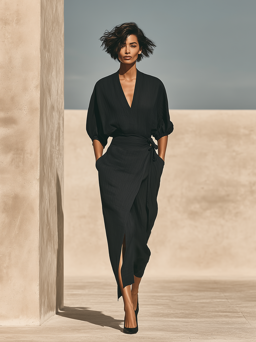 Women's Black Textured Linen Blend Two Piece Wrap Matching Set With Batwing Puff Sleeve Top & Tie Waist Wrap Midi Skirt, Minimalist Resort Elegant Outfit MDZ1605G0LYL