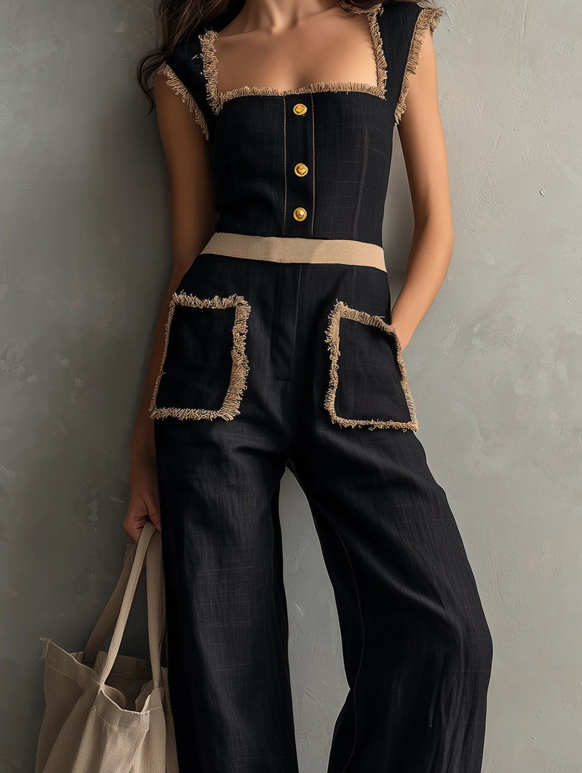 Women's Casual Black Cotton-Linen Sleeveless Jumpsuit With Wide Straps MDZ0676G8LXY
