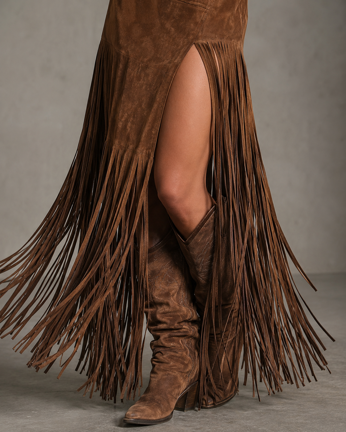 Western Faux Suede Fringe Maxi Skirt with Denim Yoke