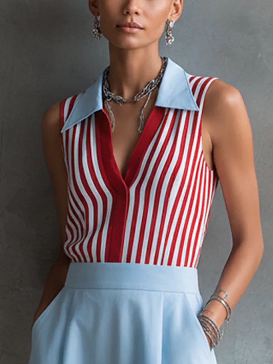 Women's Casual Knit Striped Color-Blocked Collared Top And Light Blue Cotton Blend Long Skirt Set MDZ3088F9GMJ
