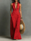 Women's Minimalist Linen-Blend Collared Single-Breasted Sleeveless Maxi Shirt Dress