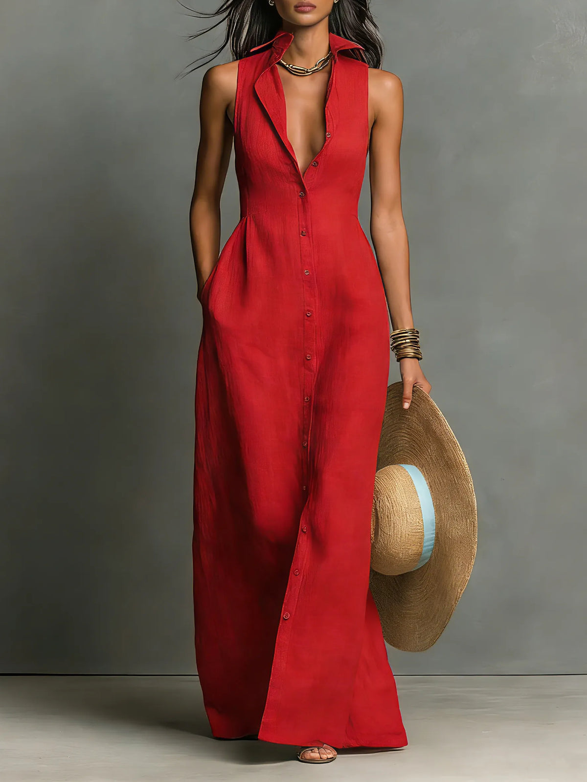 Women's Minimalist Linen-Blend Collared Single-Breasted Sleeveless Maxi Shirt Dress