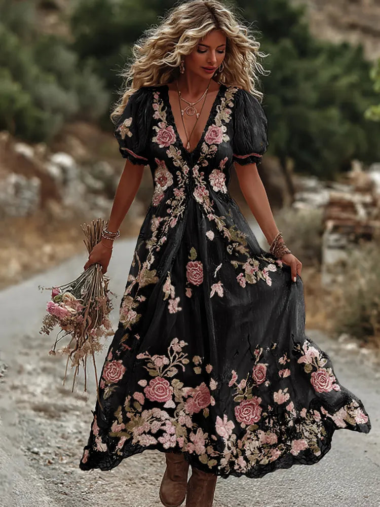 Women's Vintage Rose Embroidery Art Comfy Linen Maxi Dress