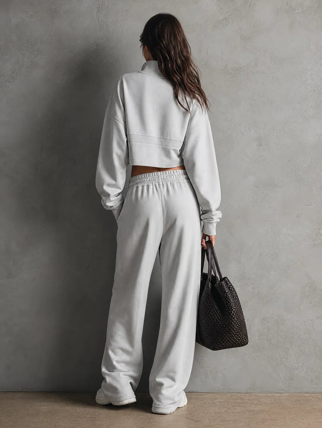 Women's Casual Light Gray Long-sleeved Sweatshirt Paired With Trousers MDZ1744G5LXY