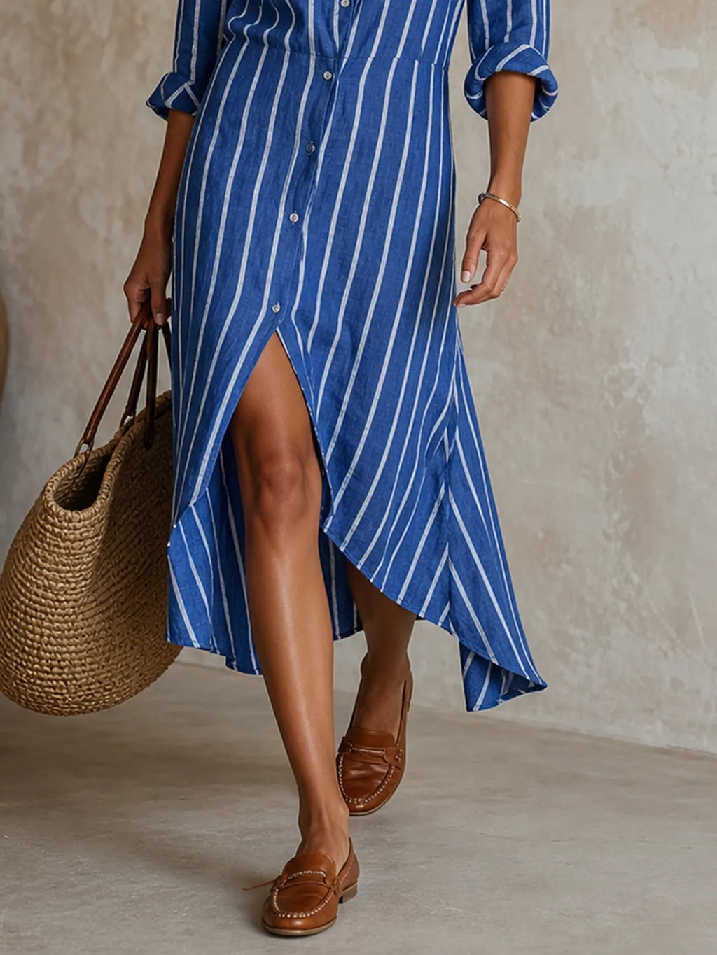 Women's Minimalist Striped Single-Breasted Long-Sleeve Midi Dress With Asymmetric Hem MDZ0877G0WY