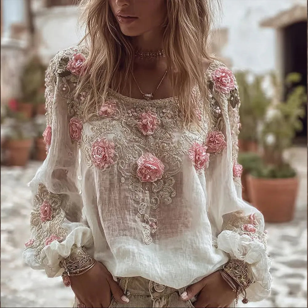Women's Rose Flower Golden Embroidery Vintage Linen Long-sleeved Shirt