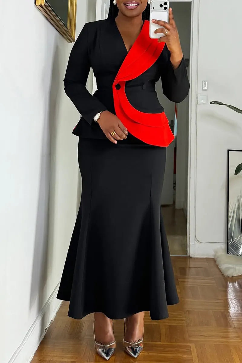 Women V-neck Splicing Color Blocking Blazer + Half Skirt Temperament Commuting Set