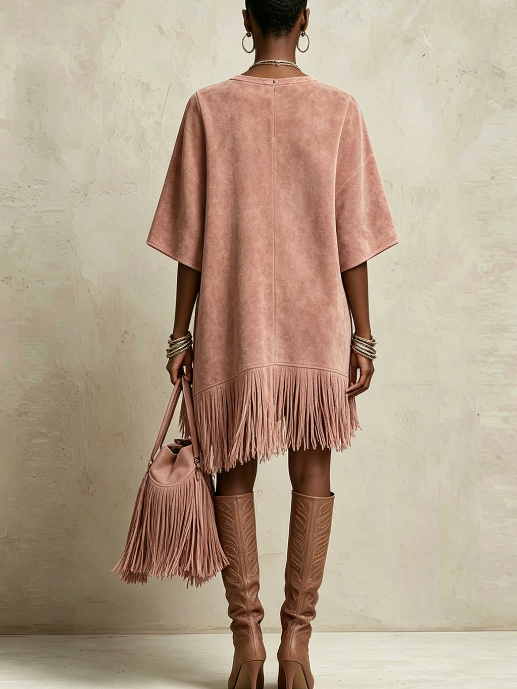Pink Faux Suede Mini Dress With Fringe Hem And Oversized Sleeves