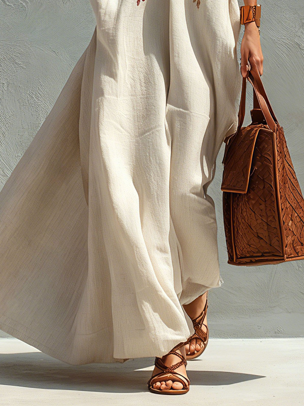 Beige Linen Blend Sleeveless Embroidered Maxi Dress