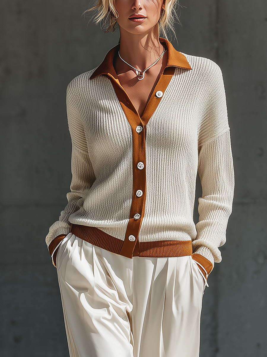 Women's Cream Rust Color Block Collared Button Front Ribbed Knit Long Sleeve Top MDZ2211G7YZJ