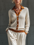 Women's Cream Rust Color Block Collared Button Front Ribbed Knit Long Sleeve Top MDZ2211G7YZJ