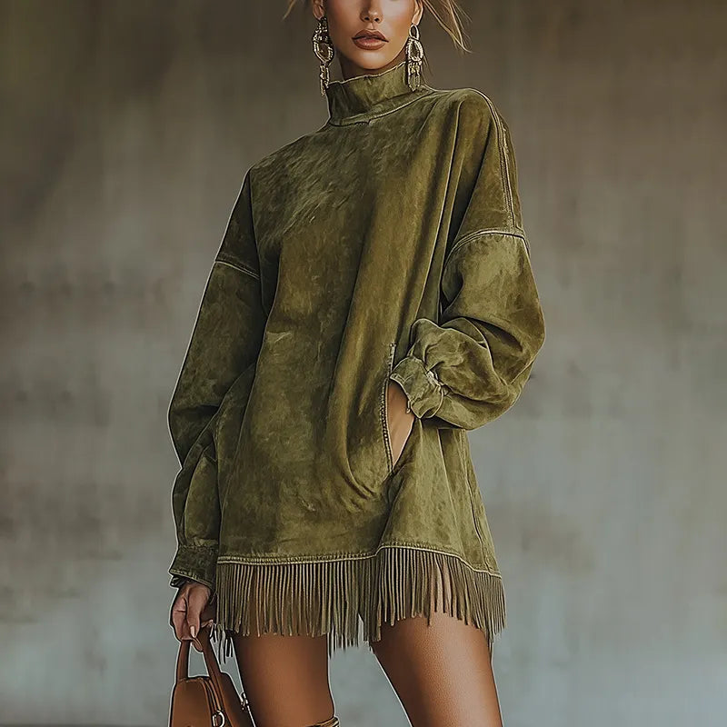 Olive Suede Fringe High-Neck Tunic Dress