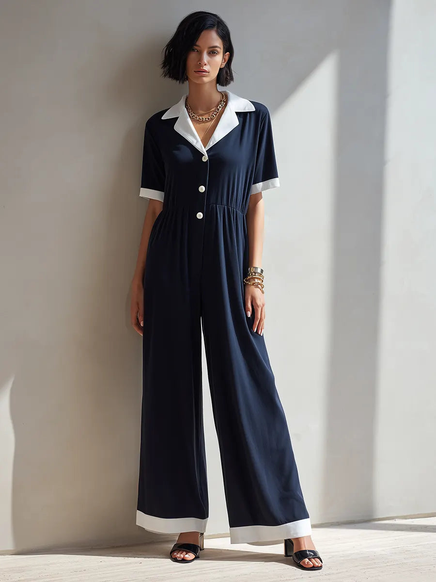Women's Minimalist Navy & White Color-Block Lapel Short-Sleeve Wide-Leg Jumpsuit With Elastic Waist MDZ0697G5ZRK