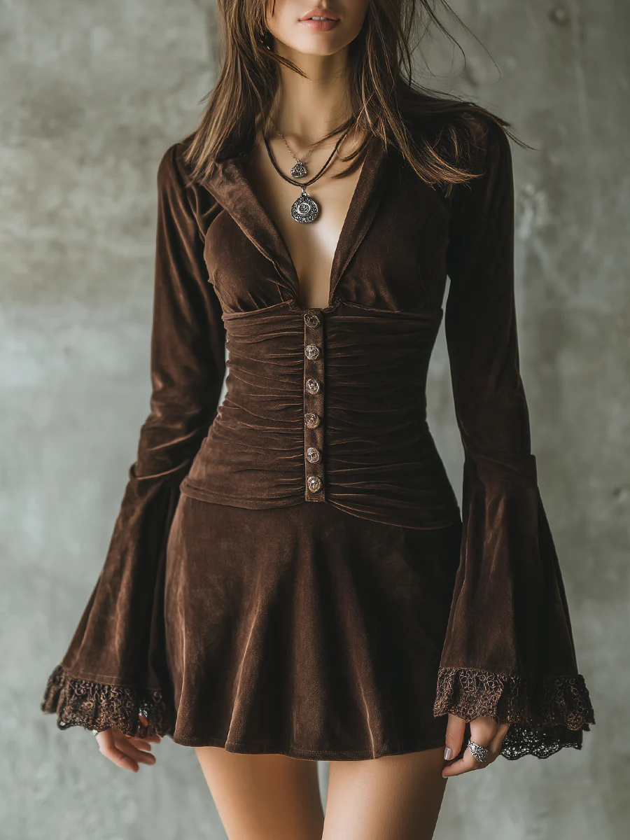 Dark Brown Velvet Button-down Lace Bell Sleeve Pleated Mini Dress