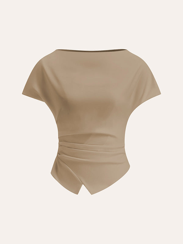 Loose Raglan Sleeve Asymmetric Pleated Solid Color Split-Joint Round-Neck T-Shirts