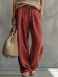 Retro Brick Red Cotton and Linen Wide-leg Pants