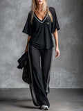 Retro Sporty Black V-Neck Mesh Short-Sleeve Top And Pants Set