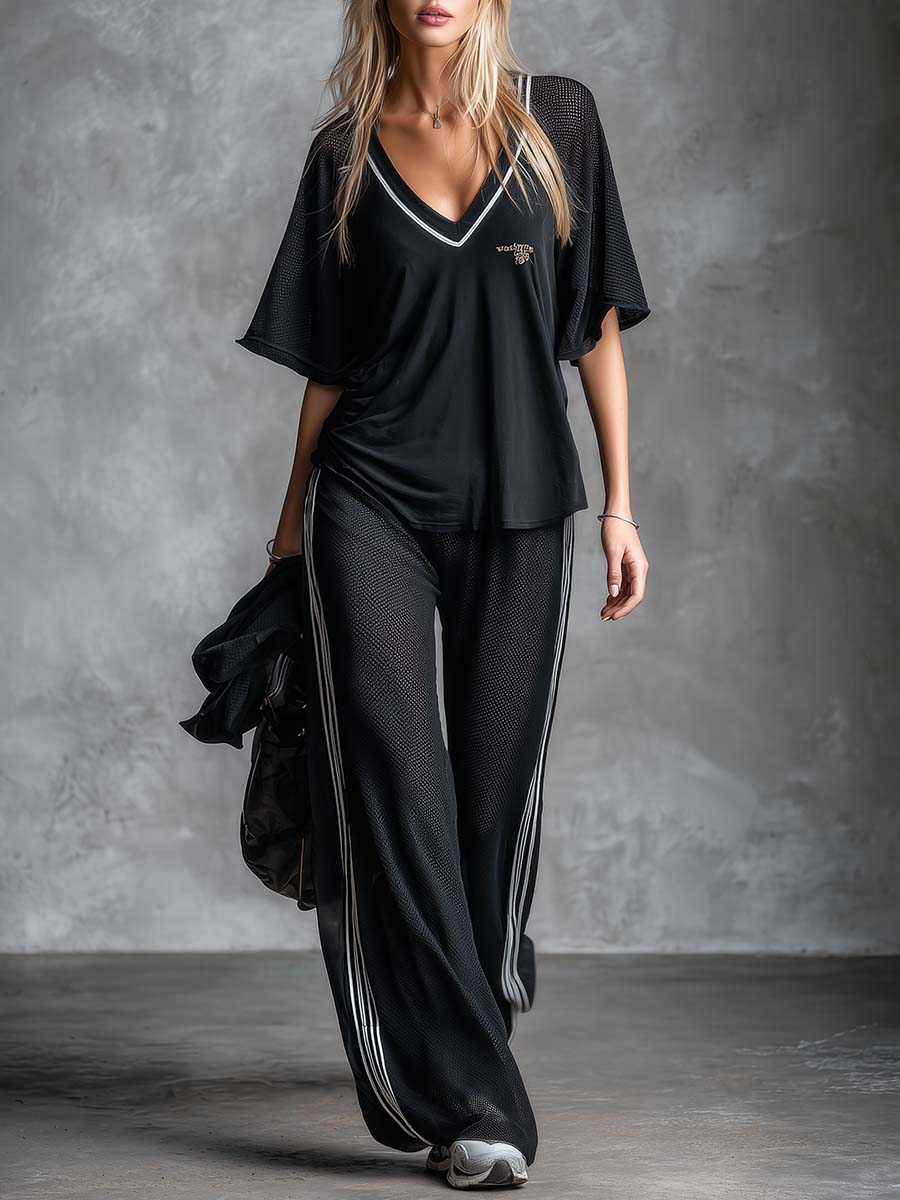 Retro Sporty Black V-Neck Mesh Short-Sleeve Top And Pants Set