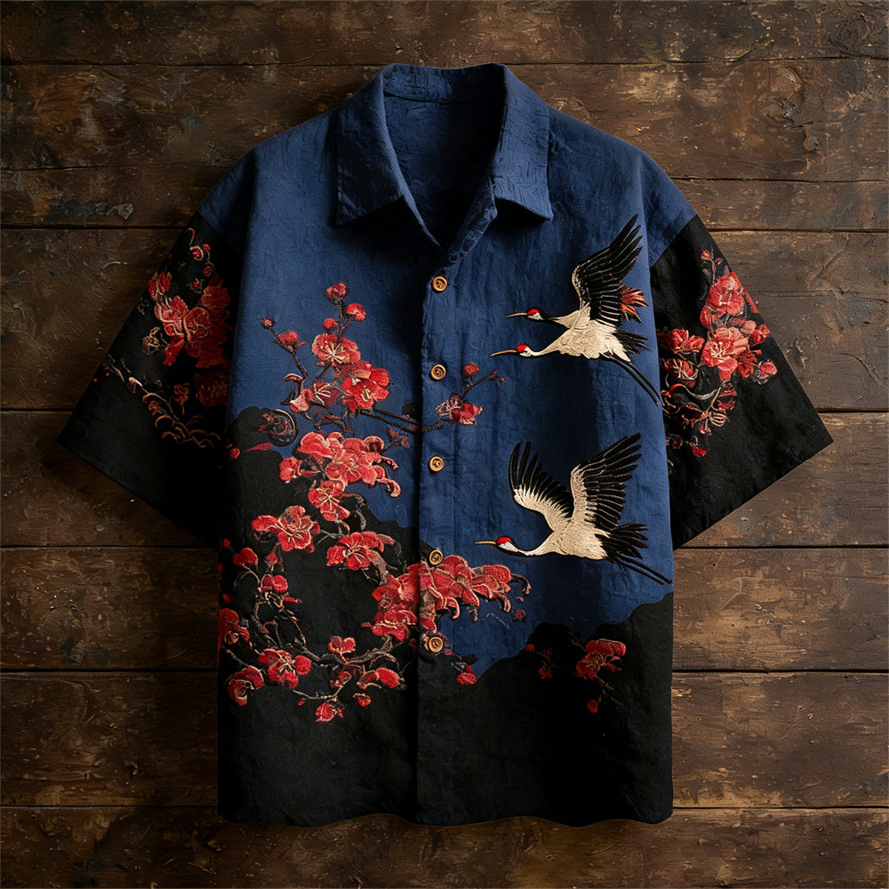 Japanese Plum & Crane Totem Vintage Men's Linen Short Sleeve Shirt