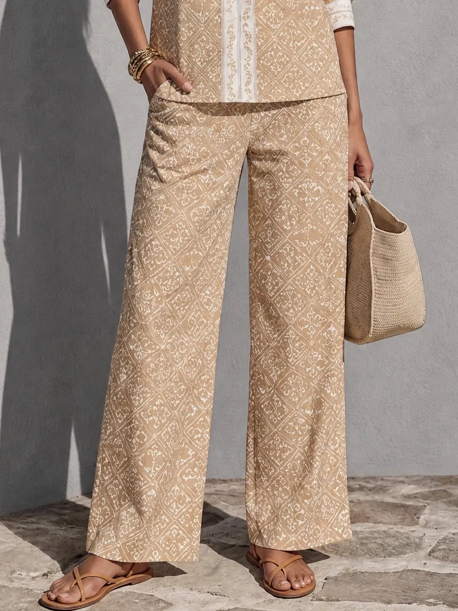 Women's Relaxed Resort Style Khaki Cotton Blend Diamond Print Stand Collar Long Sleeve Wide Leg Long Pants Set MDZ0258G8GMJ