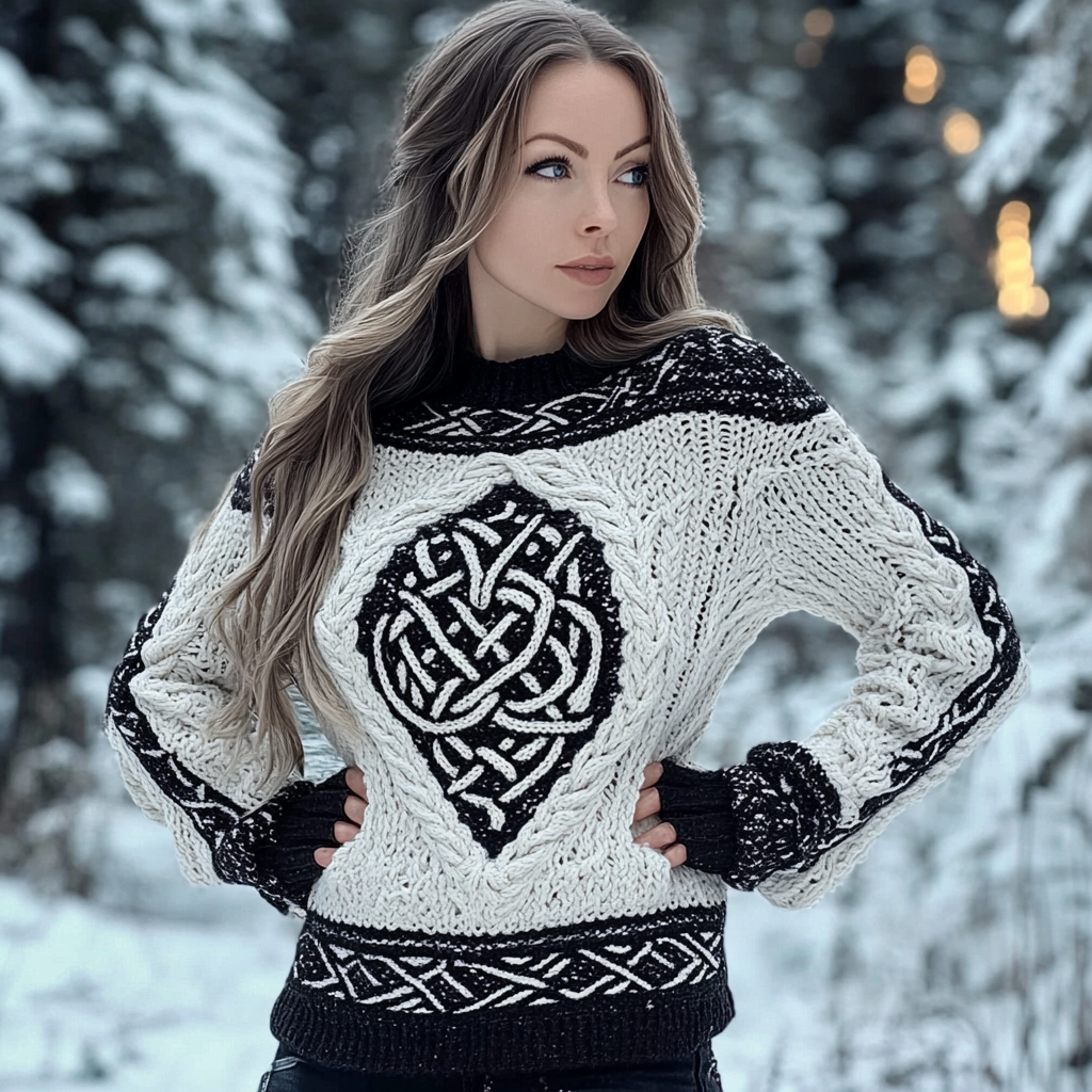 Women's Viking Rune Celtic Knot Jacquard Crew Neck Sweater