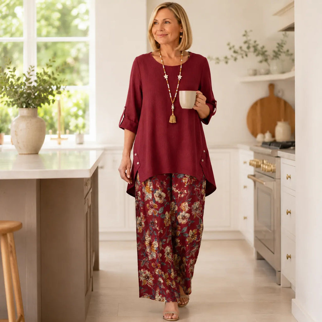 Solvea – Women's Draped High-Low Tunic & Wide-Leg Pants Set