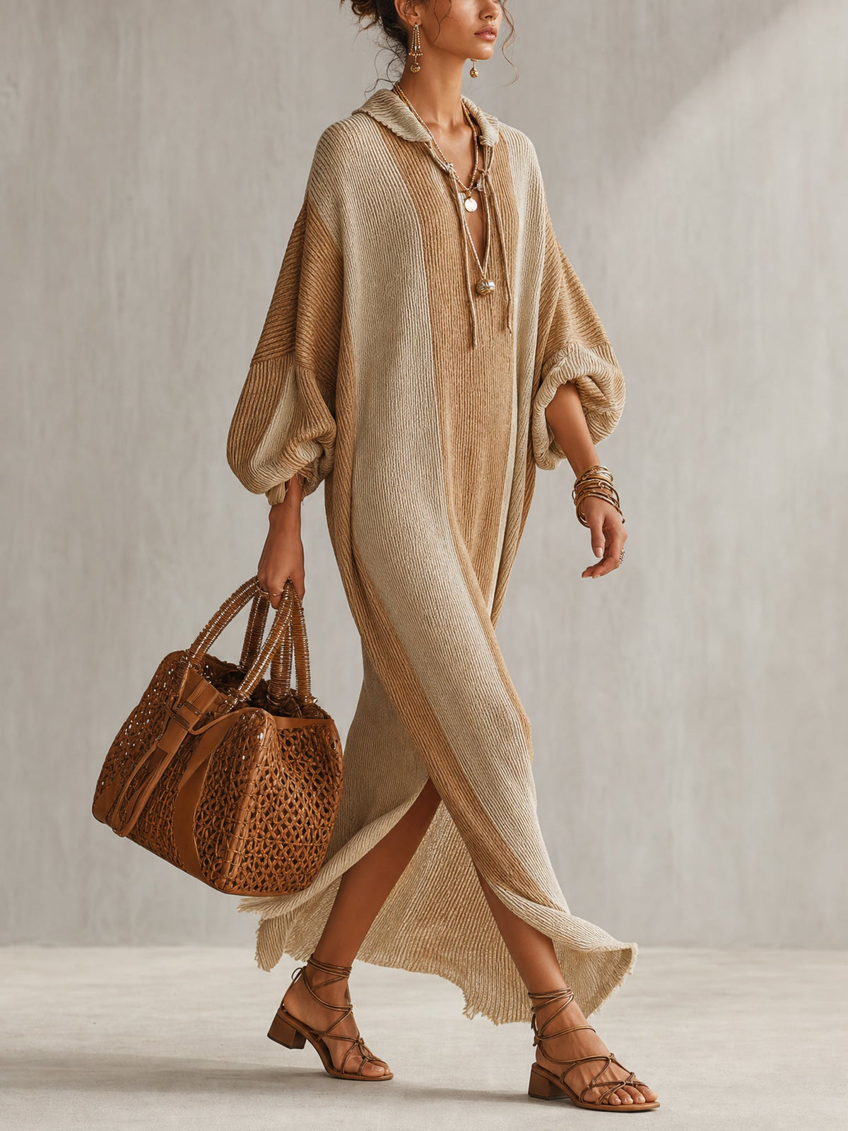 Khaki Color Block Knit Maxi Dress
