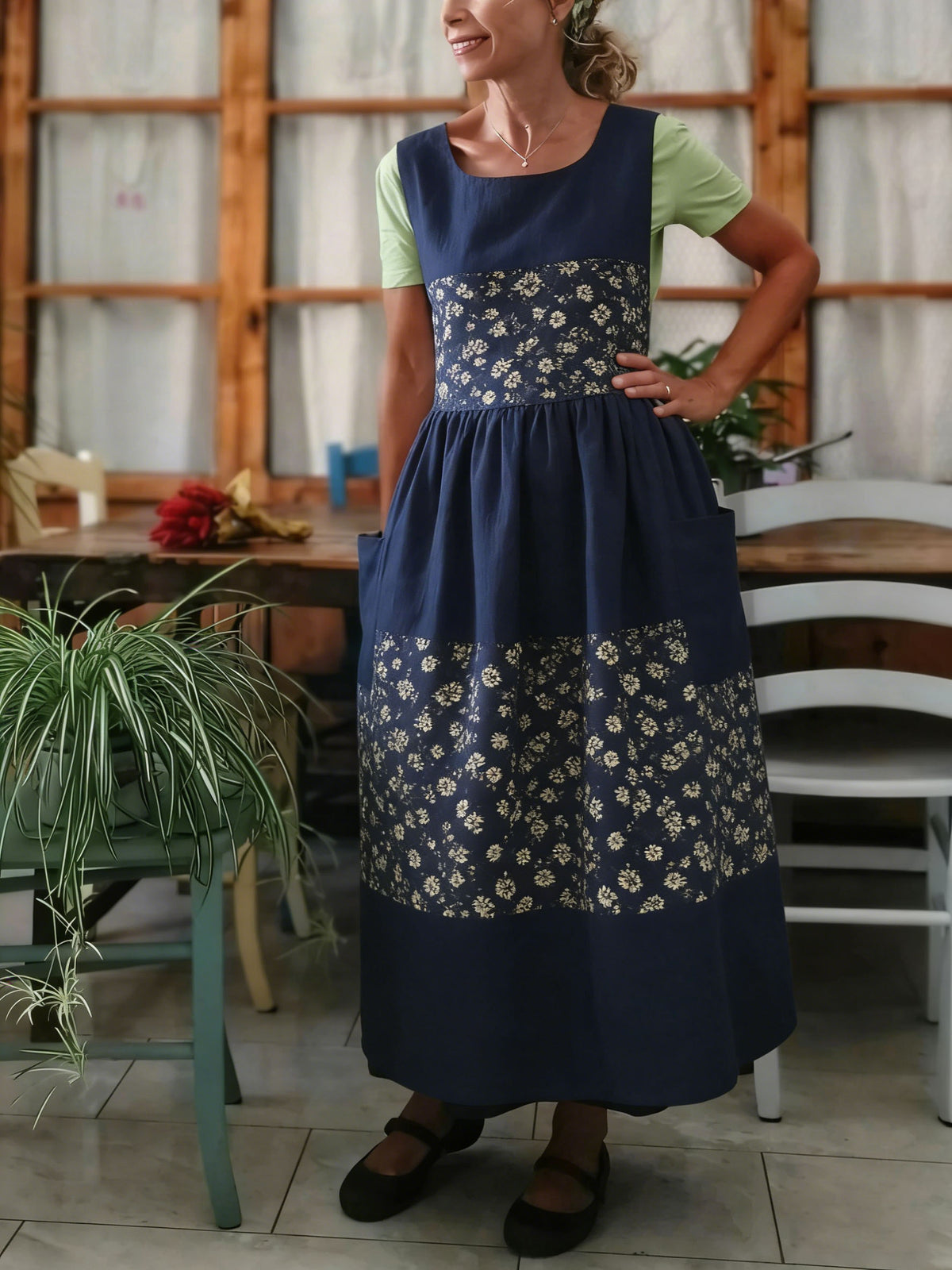 Navy Boho Floral Apron