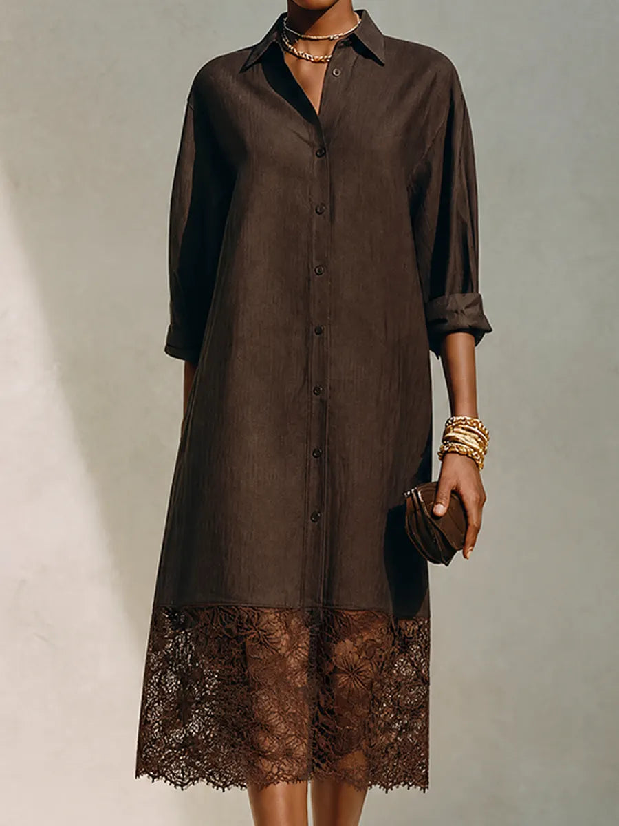 Women's Minimalist Solid Brown Linen & Lace-Panel Midi Shirt Dress MDZ0684G8ZRK
