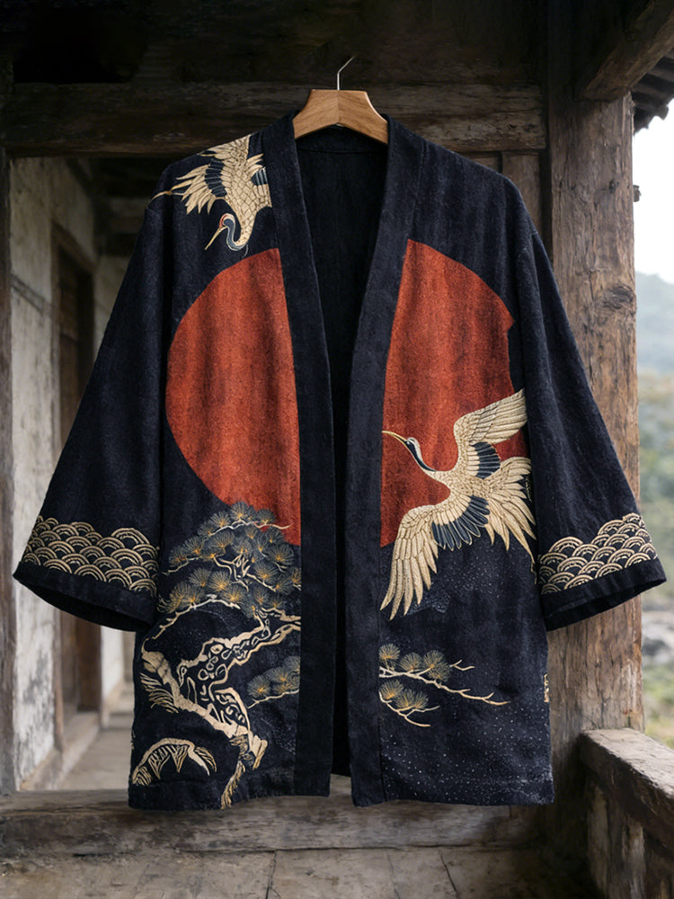 Japanese Pine Trees Crane Art Linen Blend Kimono Cardigan