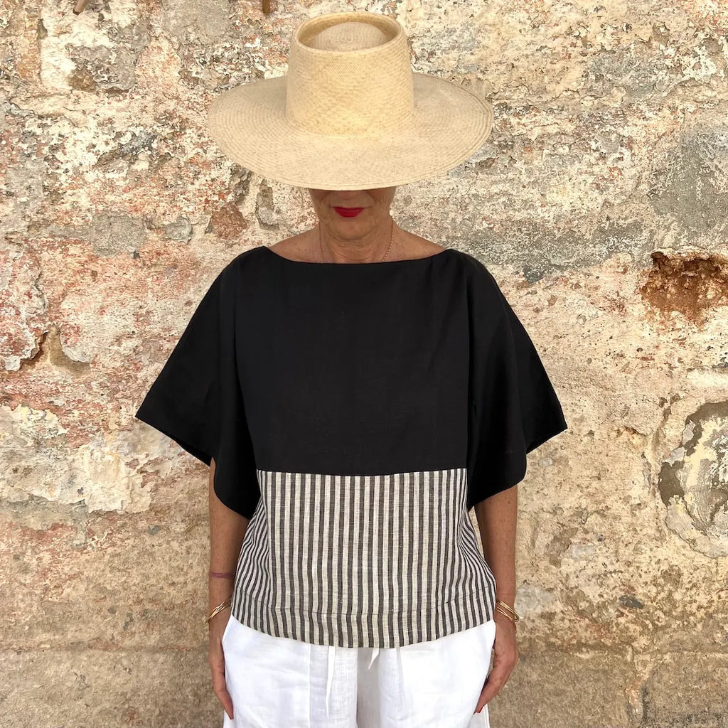 Jill Top New - French Bateau Neck Color-Blocked Striped Linen Blouse | Dadihouse