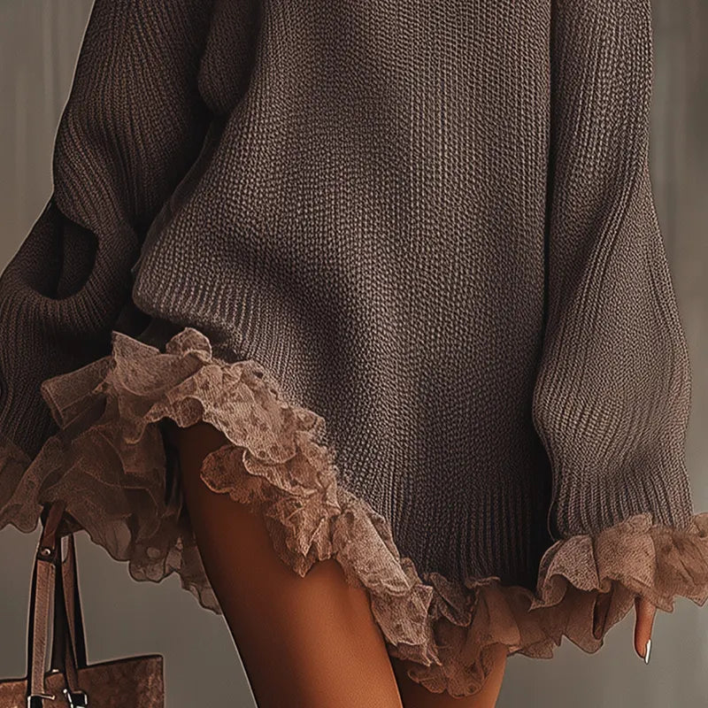 Winter Coquette Ribbed Knit Lace Ruffle Sweater Dress