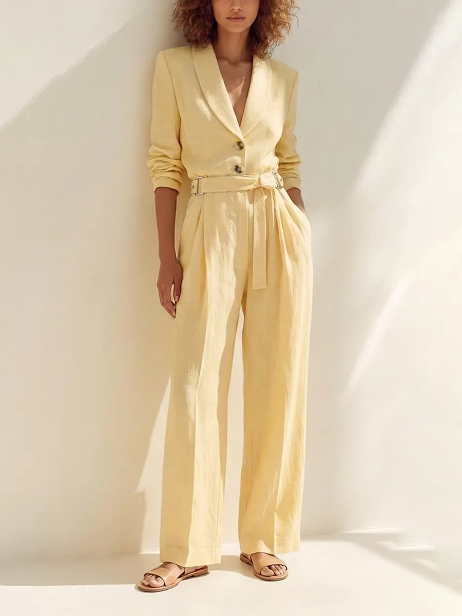 Women's Elegant Casual Light Yellow Linen Shawl-Collar Belted Blazer & Wide-Leg Trouser Set MDZ2011G8CMX