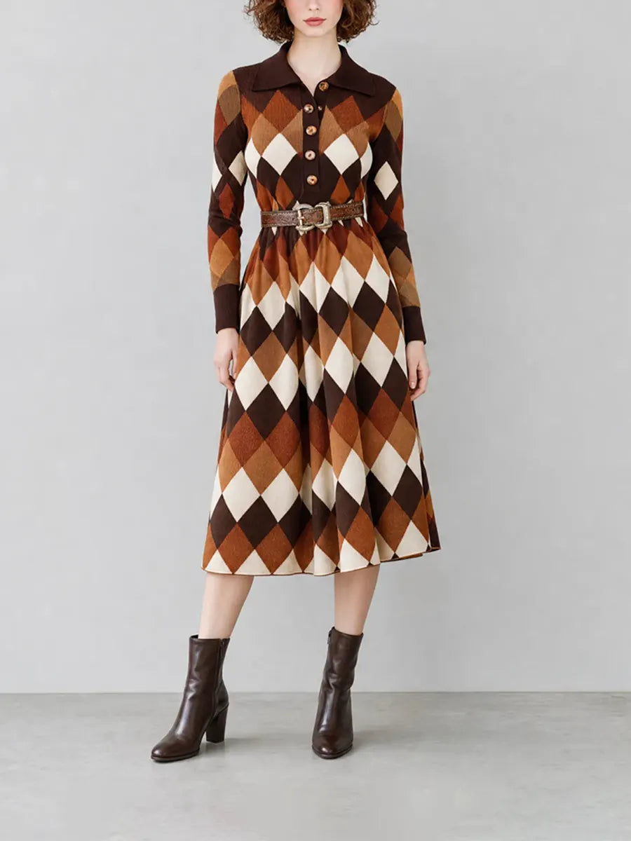 Women's Elegant Vintage Brown Argyle-Jacquard Polo-Collar Long-Sleeve Belted Knit Midi Dress MDZ2788G6CMX
