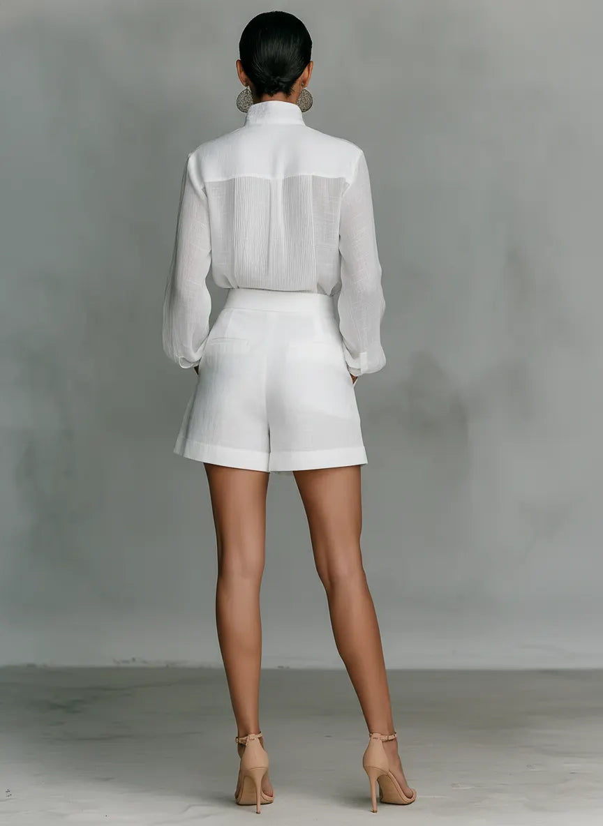 Women's Minimalist Linen-Blend Stand-Collar Single-Breasted Long-Sleeve Shirt And Shorts Set MDZ0592F0WY