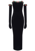 Strapless Floral Maxi Velvet Dress Black
