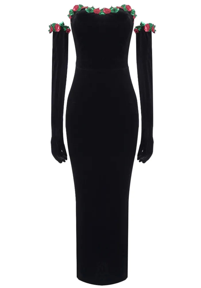 Strapless Floral Maxi Velvet Dress Black