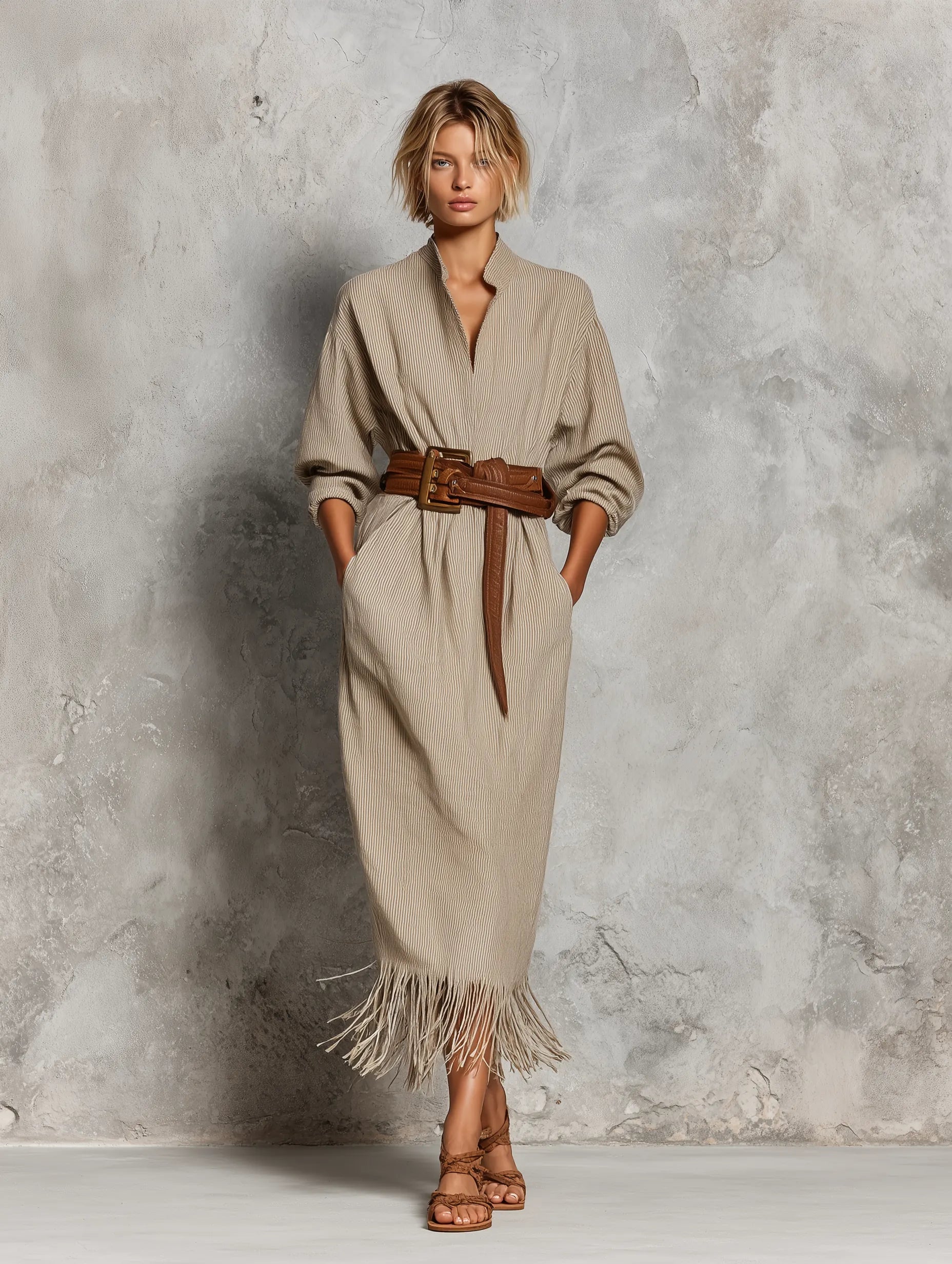 Women’s Beige Fine Vertical Stripe Linen Stand Collar Half Placket Roll Up Sleeve Fringe Hem Midi Shirt Dress With Side Pockets (Belt Not Included) MDZ0274G0T