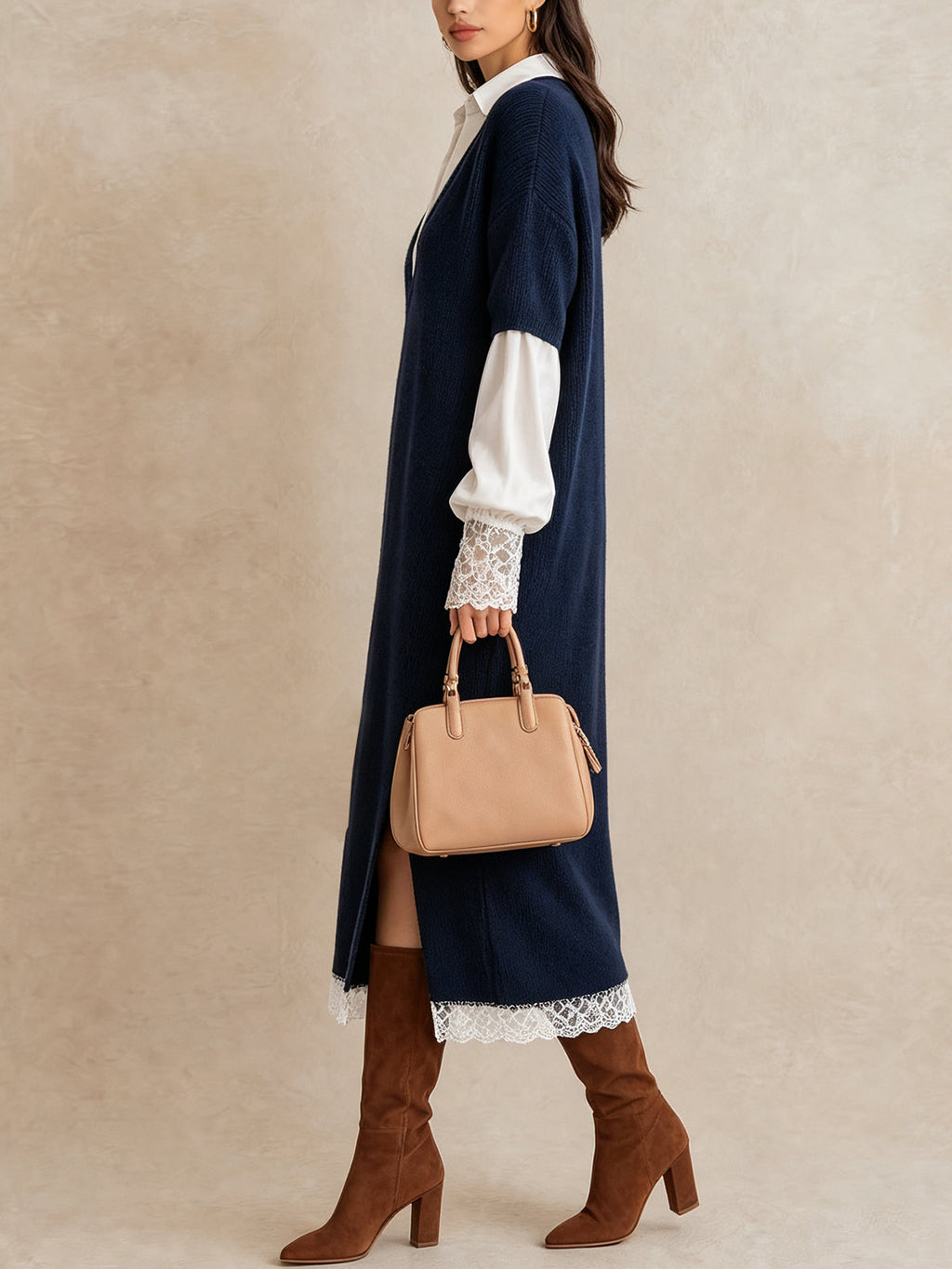 Navy Layered Lace Trim Knit Midi Dress