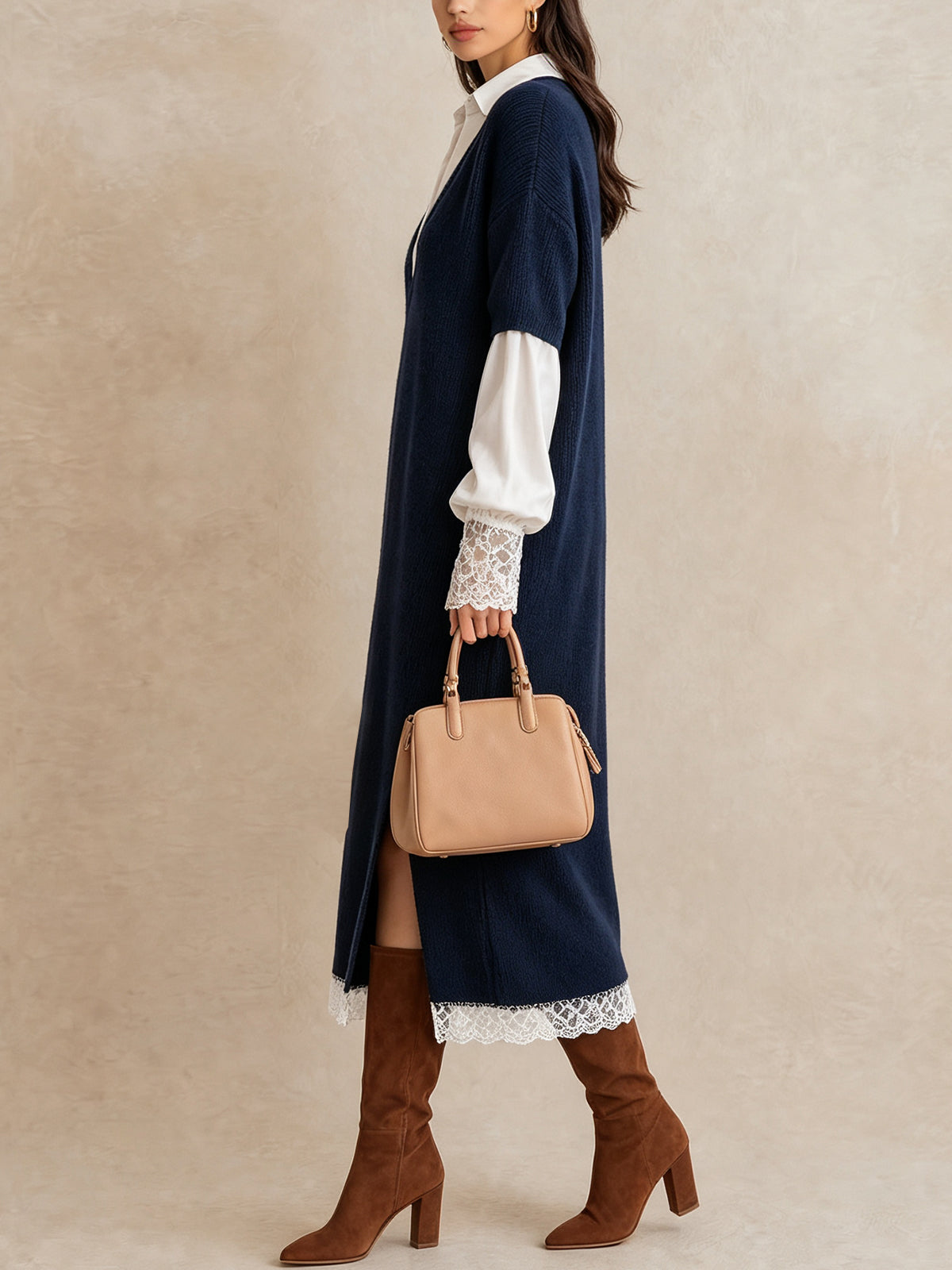 Navy Layered Lace Trim Knit Midi Dress