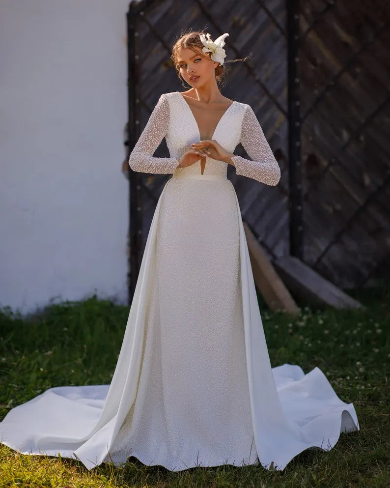 Lace boho bride bridal ivory v neck long wedding dress glitter mermaid shine sexy detachable train removable satin bohemian beach summer