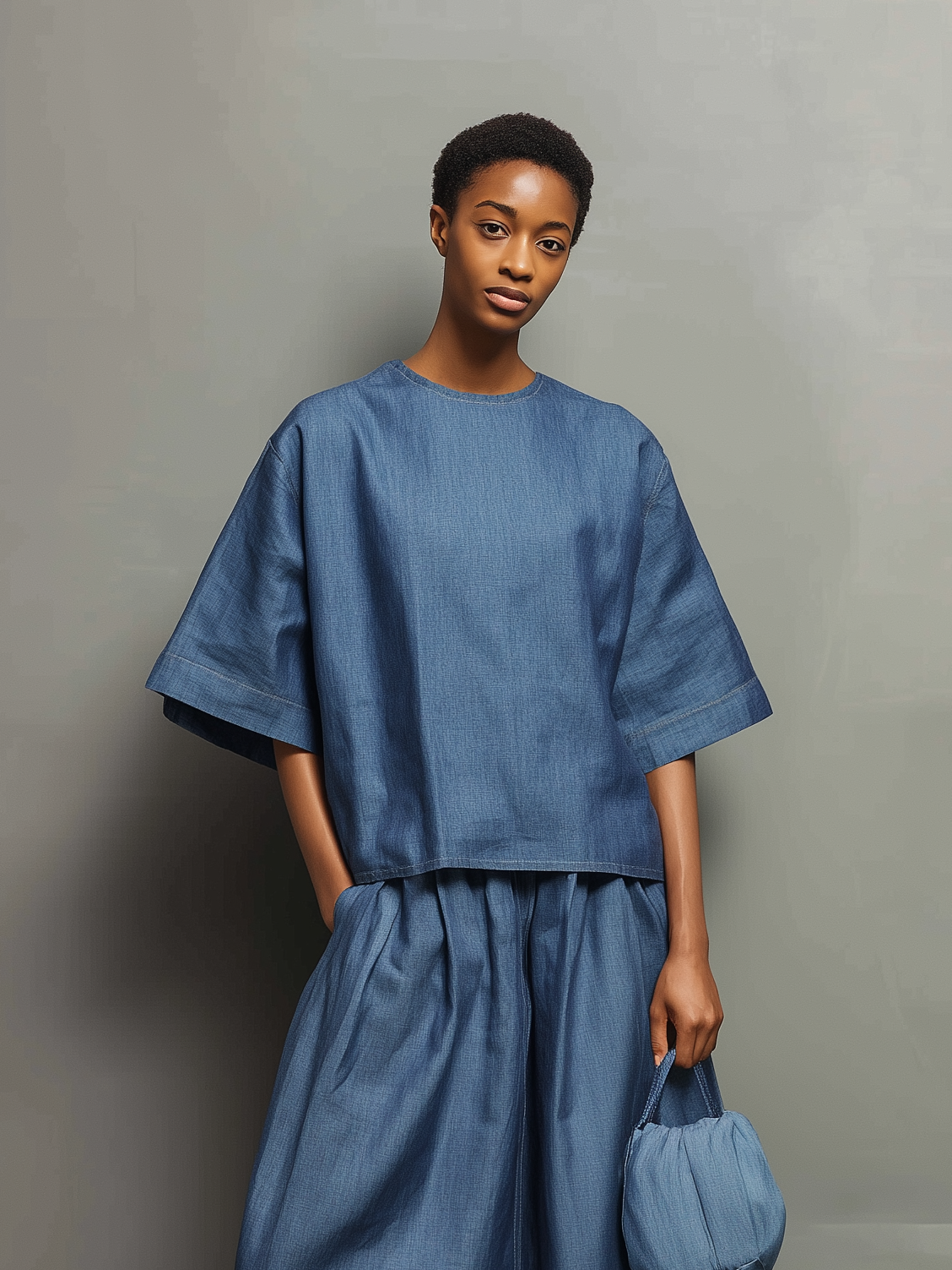 Women's Casual Denim Blue Loose-fitting Long-sleeved Round-neck Top Paired With A Skirt