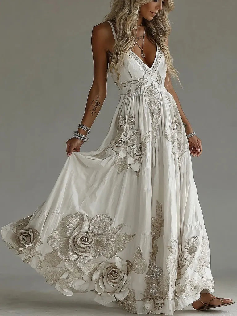 Women's Vintage Flowers Embroidery Art V-neck Suspender Maxi Dress