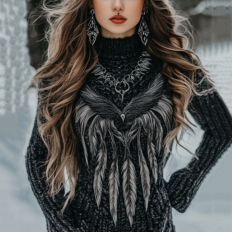 Women's Viking Style Wings Knitted High Neck Cozy Sweater
