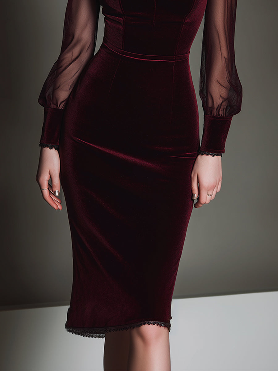 Elegant Mesh Polyester Velvet Stitching Sweetheart Neckline Slim Midi Dress