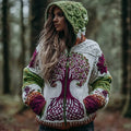 Women's Vintage Viking Celtic Knot Tree Of Life Art Knitted Warm Zip Hooded Sweater