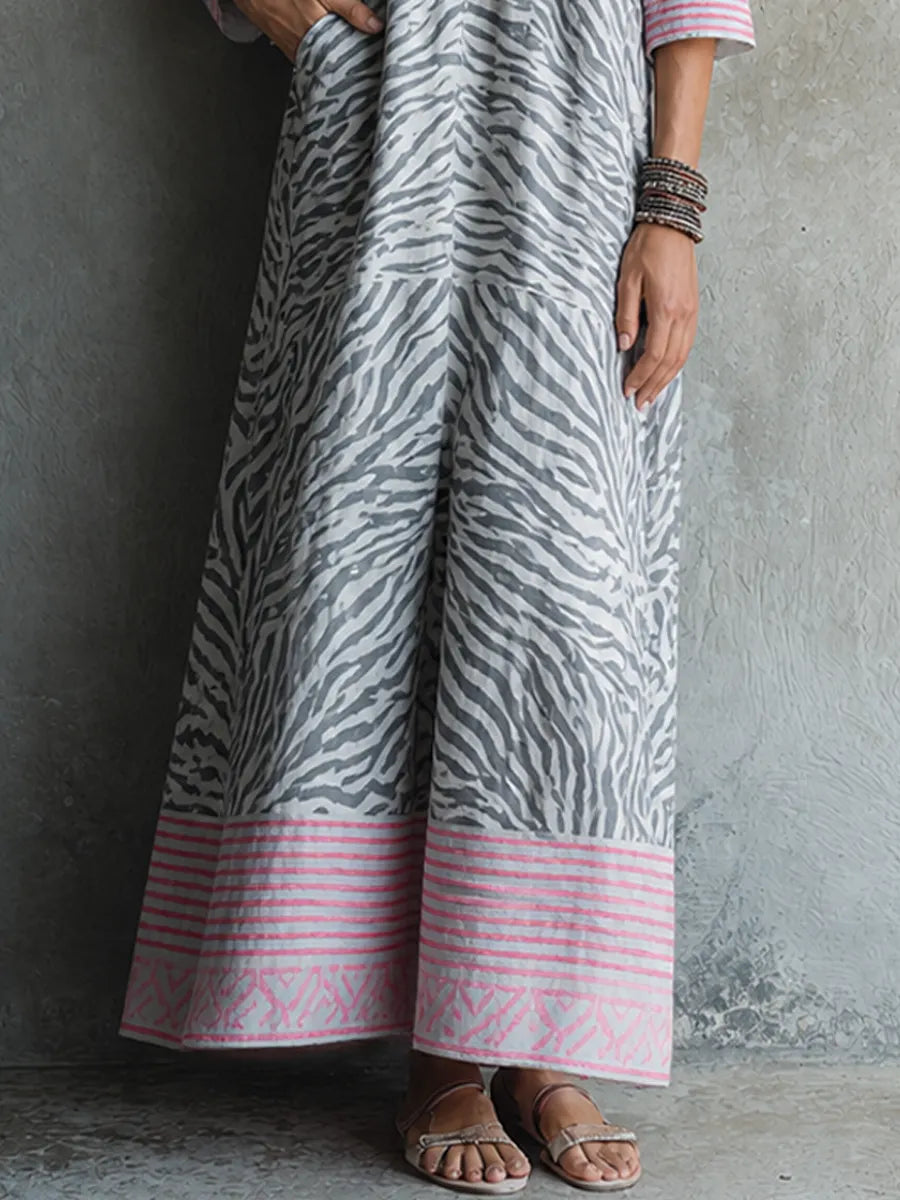 Women's Vacation Style Grey And Pink Cotton Blend V-Neck 3/4 Sleeve Zebra Print Maxi Dress MDZ3025F5GMJ