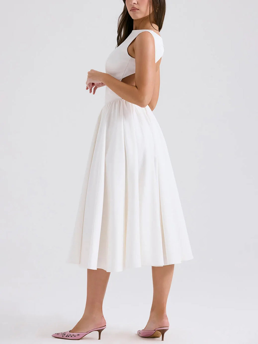 Stylish And Elegant Solid Color Round Neck Backless Sleeveless Midi Dress